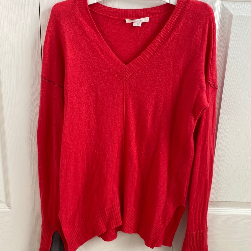 Duffy small 100% cashmere sweater, dark pink with a little gray at the wrists.